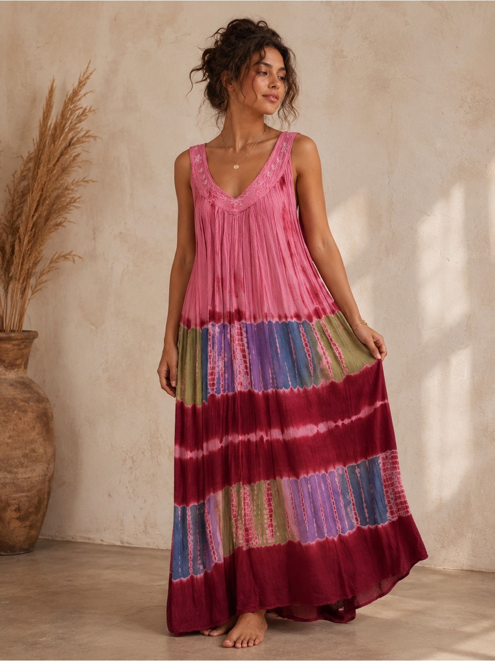 Ingear Pink Tie-Dye Maxi Dress with Multicolor Bands One Size Fits Most